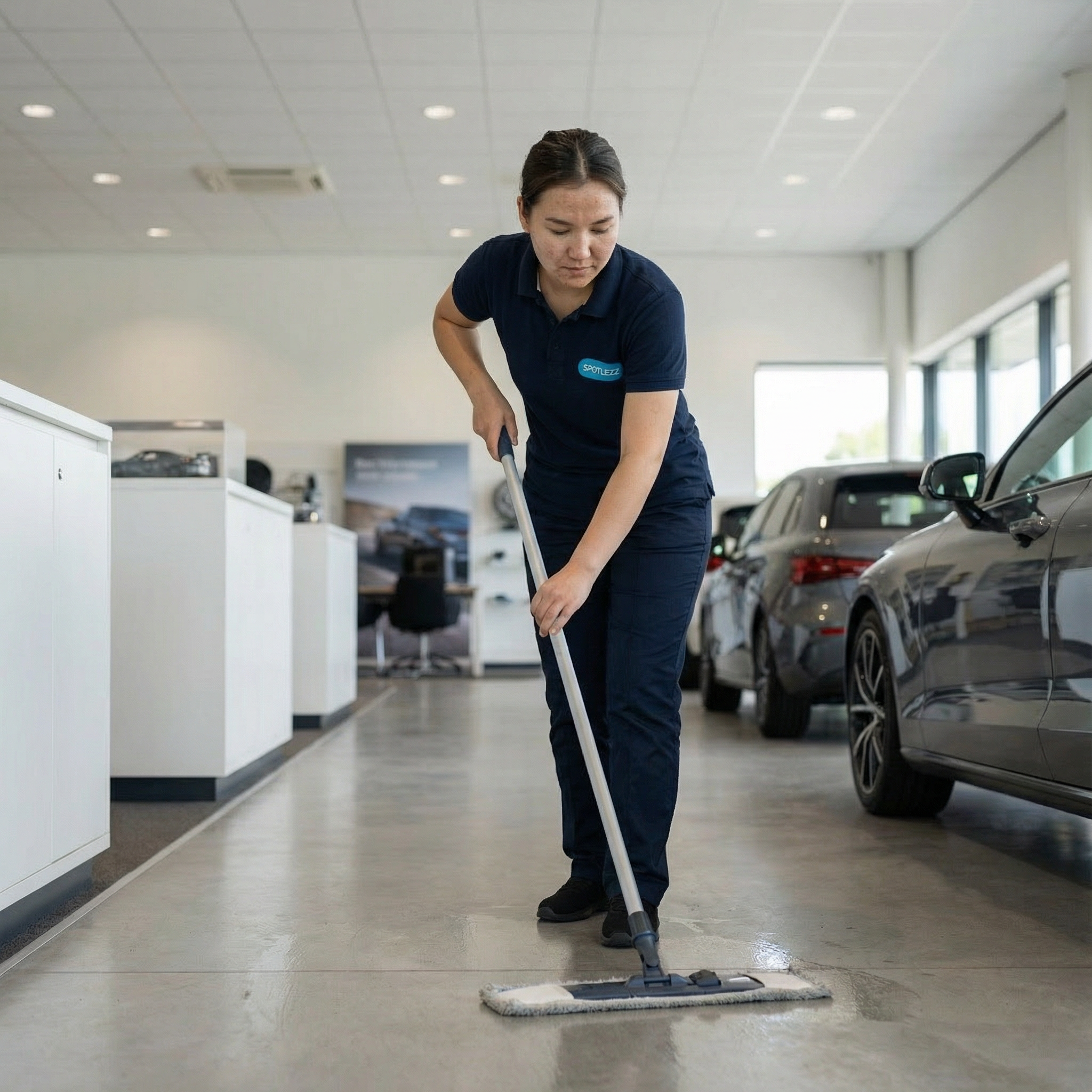 Medewerker van Spotlezz dweilt de vloer van een autoshowroom